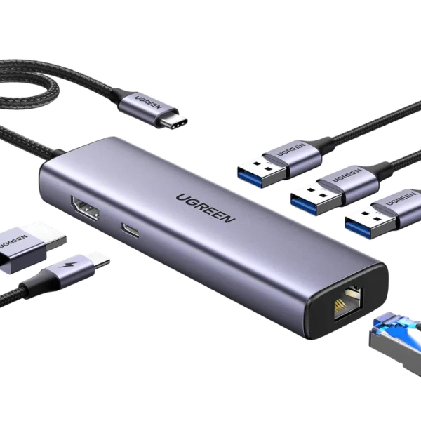 UGREEN USB-C to 3*USB 3.0 A+HDMI+RJ45+PD Converter 4K@30Hz with PD (6 IN 1) 15598