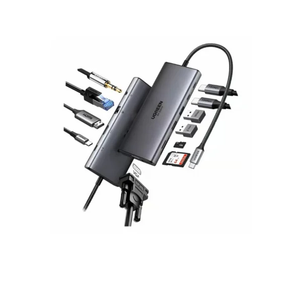UGREEN USB-C To 2xUSB-C 3.2+USB-A 3.2+USB-A 3.0+HDMI+VGA+RJ45+SD/TF+AUX3.5mm+PD Converter 10Gbps + 4K@60Hz with PD (11 IN 1) 45520