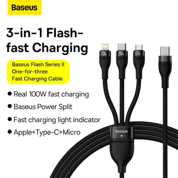 Baseus Flash Series II One‑for‑three Fast Charging Cable Type‑C to M+L+C 100W 1.5m Black CASS030201