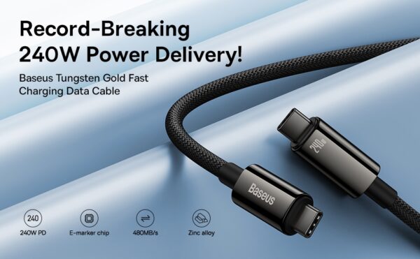 Baseus Tungsten Gold Fast Charging Data Cable Type‑C to Type‑C 240W 1m Black CAWJ040001