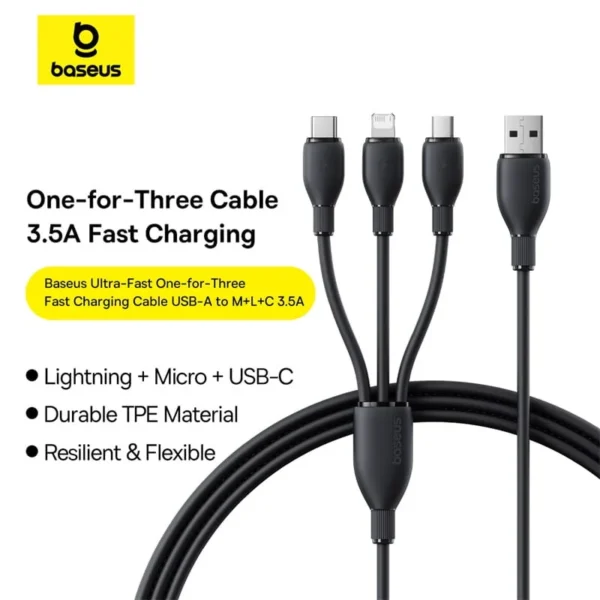 Baseus Ultra‑Fast One‑for‑Three Fast Charging Cable USB‑A to M+L+C 3.5A 1.3m Cosmic Black P10376303121-00