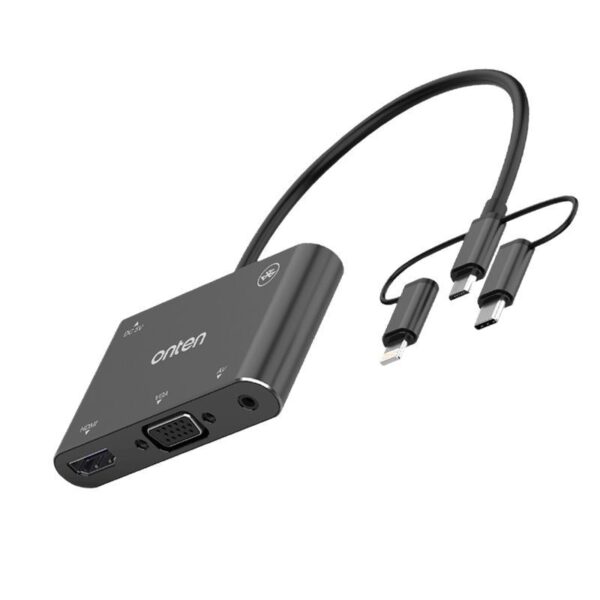 ONTEN 5‑in‑3 Lightning+Micro+Type‑C to HDMI+VGA with Bluetooth OTN-7585B