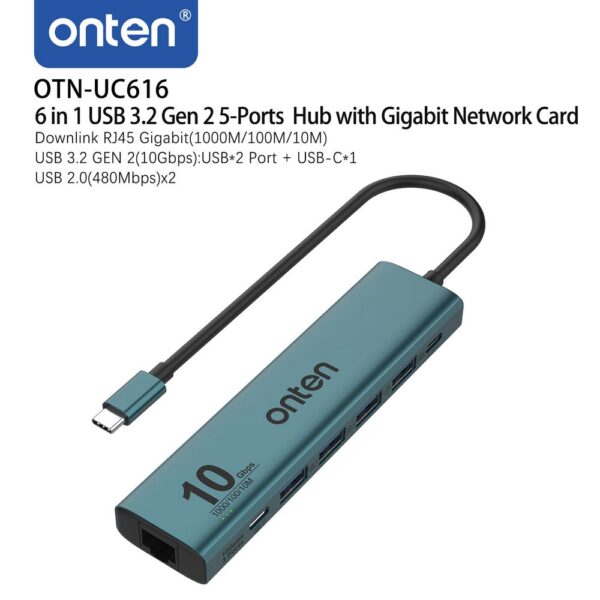 ONTEN 6‑in‑1 USB 3.2 Gen2 Hub with Gigabit Ethernet UC616
